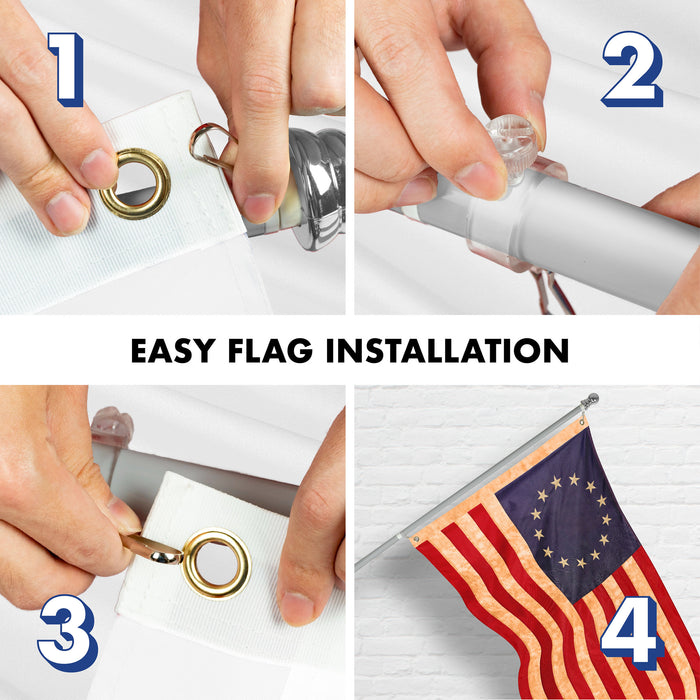 G128 Combo Pack: 5 Ft Tangle Free Aluminum Spinning Flagpole (Silver) & Betsy Ross Tea-Stained Flag 2x3 Ft, ToughWeave Pro Series Embroidered 420D Polyester | Pole with Flag Included