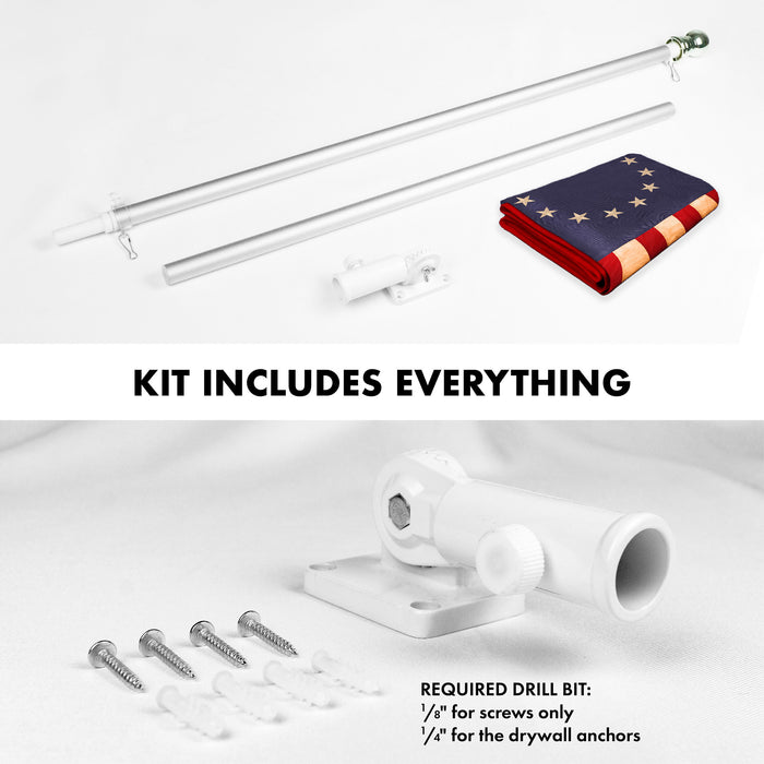 G128 Combo Pack: 5 Ft Tangle Free Aluminum Spinning Flagpole (Silver) & Betsy Ross Tea-Stained Flag 2x3 Ft, ToughWeave Pro Series Embroidered 420D Polyester | Pole with Flag Included