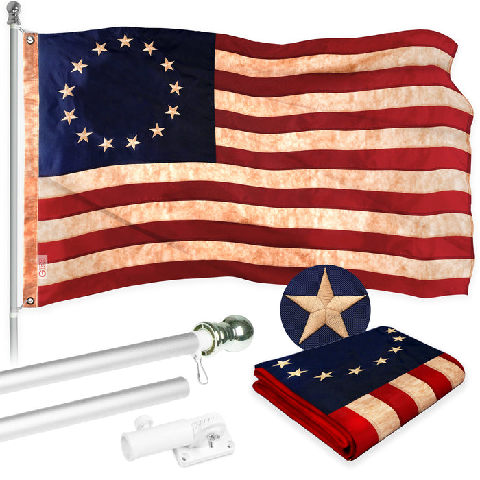 G128 Combo Pack: 5 Ft Tangle Free Aluminum Spinning Flagpole (Silver) & Betsy Ross Tea-Stained Flag 2x3 Ft, ToughWeave Pro Series Embroidered 420D Polyester | Pole with Flag Included
