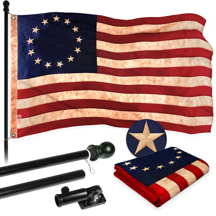 G128 Combo Pack: 6 Ft Tangle Free Aluminum Spinning Flagpole (Black) & Betsy Ross Tea-Stained Flag 3x5 Ft, ToughWeave Pro Series Embroidered 420D Polyester | Pole with Flag Included