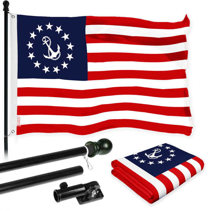 G128 Combo Pack: 6 Ft Tangle Free Aluminum Spinning Flagpole (Black) & American USA Yacht Ensign Flag 3x5 Ft, LiteWeave Pro Series Printed 150D Polyester | Pole with Flag Included
