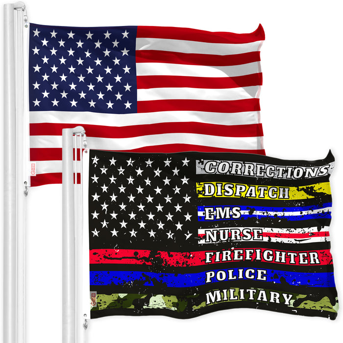 G128 Combo Pack: American USA Flag 3x5 Ft & Thin Line First Responders American Flag 3x5 Ft | Both LiteWeave Pro Series Printed 150D Polyester, Brass Grommets