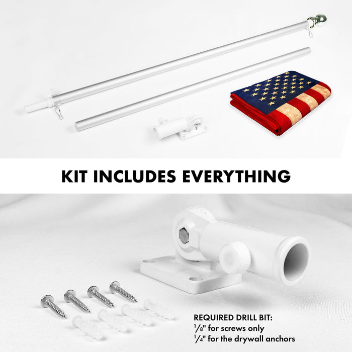 G128 Combo Pack: 5 Ft Tangle Free Aluminum Spinning Flagpole (Silver) & USA Tea-Stained Flag 2x3 Ft, ToughWeave Pro Series Embroidered 420D Polyester | Pole with Flag Included