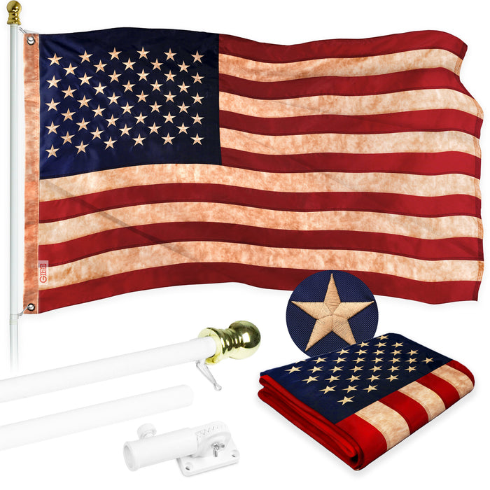 G128 Combo Pack: 5 Ft Tangle Free Aluminum Spinning Flagpole (White) & USA Tea-Stained Flag 2.5x4 Ft, ToughWeave Pro Series Embroidered 420D Polyester | Pole with Flag Included