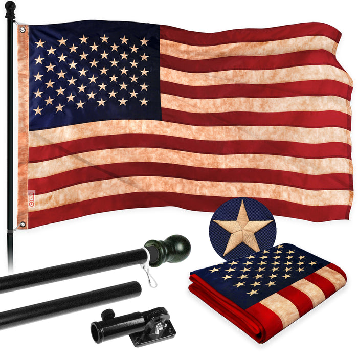 G128 Combo Pack: 5 Ft Tangle Free Aluminum Spinning Flagpole (Black) & USA Tea-Stained Flag 2.5x4 Ft, ToughWeave Pro Series Embroidered 420D Polyester | Pole with Flag Included