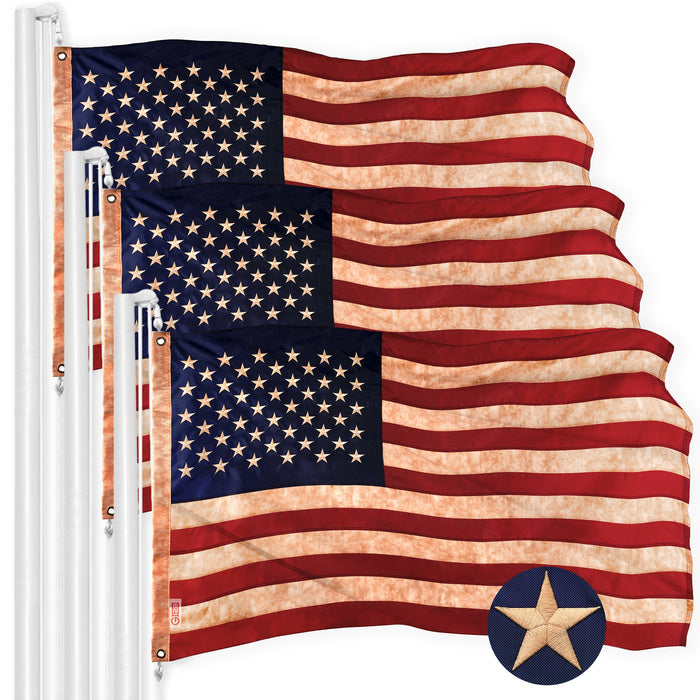 G128 3 Pack: American USA Tea-Stained Flag | 1x1.5 Ft | ToughWeave Pro Series Embroidered 420D Polyester | Embroidered Stars, Sewn Stripes, Indoor/Outdoor, Brass Grommets