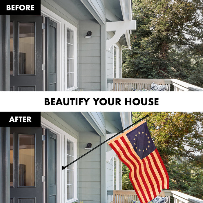 G128 Combo Pack: 5 Ft Tangle Free Aluminum Spinning Flagpole (Black) & Betsy Ross Tea-Stained Flag 2.5x4 Ft, ToughWeave Pro Series Embroidered 420D Polyester | Pole with Flag Included
