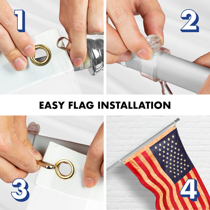 G128 Combo Pack: 5 Ft Tangle Free Aluminum Spinning Flagpole (Silver) & USA Tea-Stained Flag 2x3 Ft, ToughWeave Pro Series Embroidered 420D Polyester | Pole with Flag Included