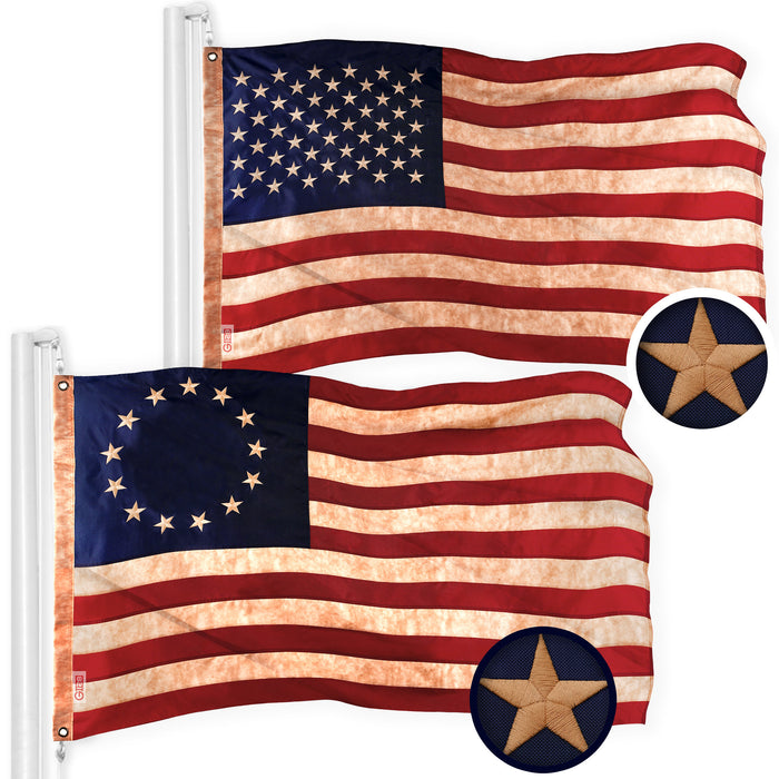 G128 Combo Pack: American USA Tea-Stained Flag 2.5x4 Ft & Betsy Ross Tea-Stained Flag 2.5x4 Ft | Both ToughWeave Pro Series Embroidered 420D Polyester, Embroidered Design, Brass Grommets
