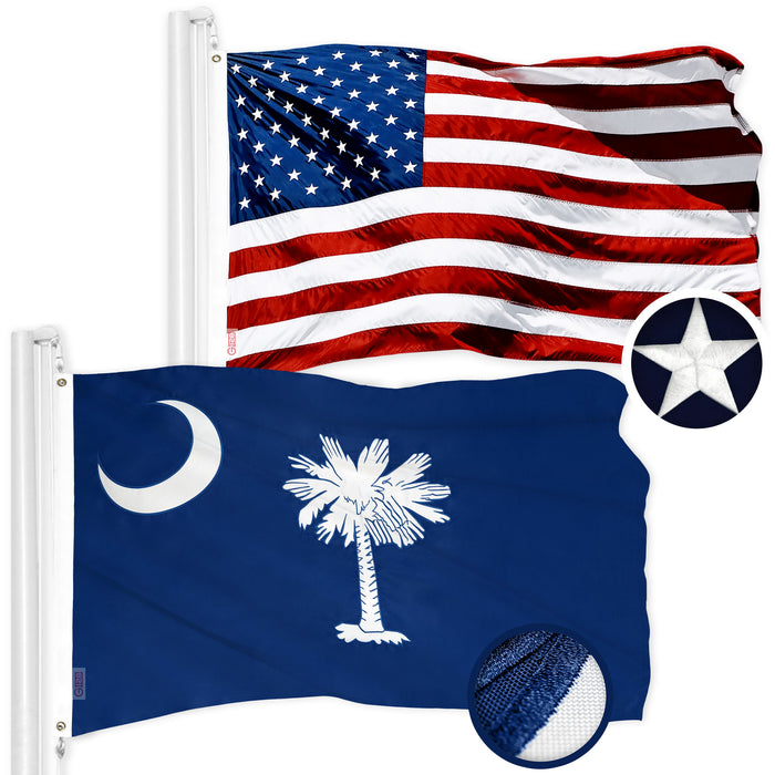 G128 Combo Pack: American USA Flag 2.5x4 Ft & South Carolina SC  2.5x4 Ft | Both ToughWeave Series Embroidered Polyester, Embroidered Design, Indoor/Outdoor, Brass Grommets