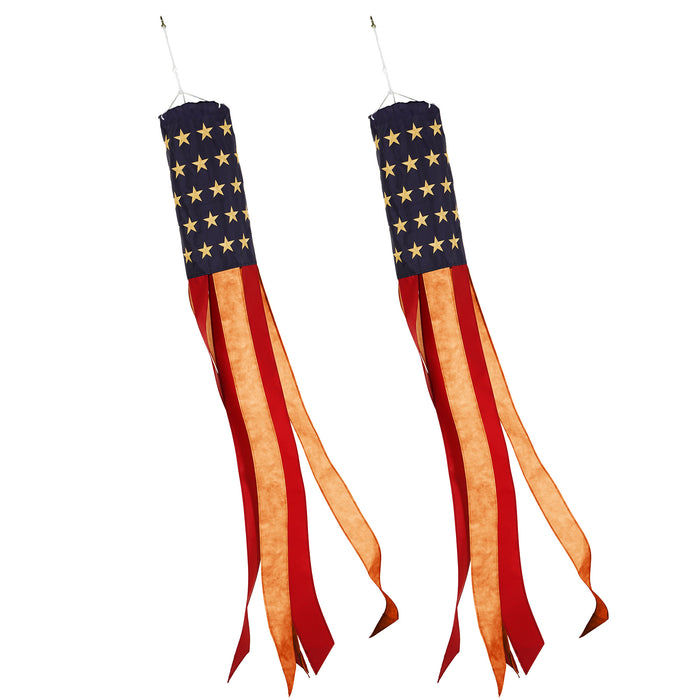 G128 2 Pack: American USA Tea-Stained Windsock | 60 Inch | Embroidered 420D Polyester | Patriotic Decor, Embroidered Design, Indoor/Outdoor, Brass Grommets