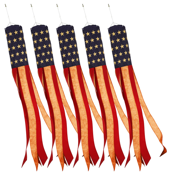 G128 5 Pack: American USA Tea-Stained Windsock | 60 Inch | Embroidered 420D Polyester | Patriotic Decor, Embroidered Design, Indoor/Outdoor, Brass Grommets