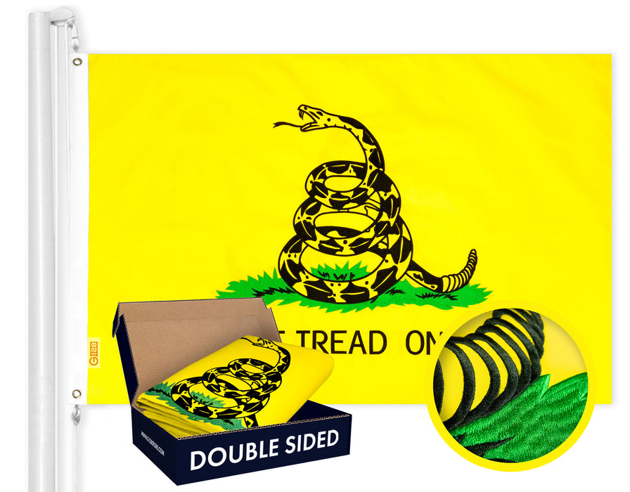 G128 Gadsden Don't Tread On Me Flag | 20x30 In | Double ToughWeave Series Double Sided Embroidered 210D Poly | Historical Flag, Embroidered Design, Indoor/Outdoor, Brass Grommets, Heavy Duty, 3-ply