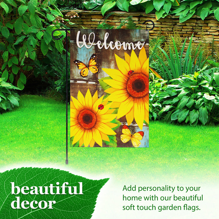 G128 Combo Pack: Garden Flag Stand Black 36 in x 16 in & Garden Flag Summer Decoration Welcome Sunflowers and Butterflies 12"x18" Double-Sided Blockout Fabric