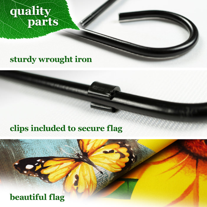 G128 Combo Pack: Garden Flag Stand Black 36 in x 16 in & Garden Flag Summer Decoration Welcome Sunflowers and Butterflies 12"x18" Double-Sided Blockout Fabric