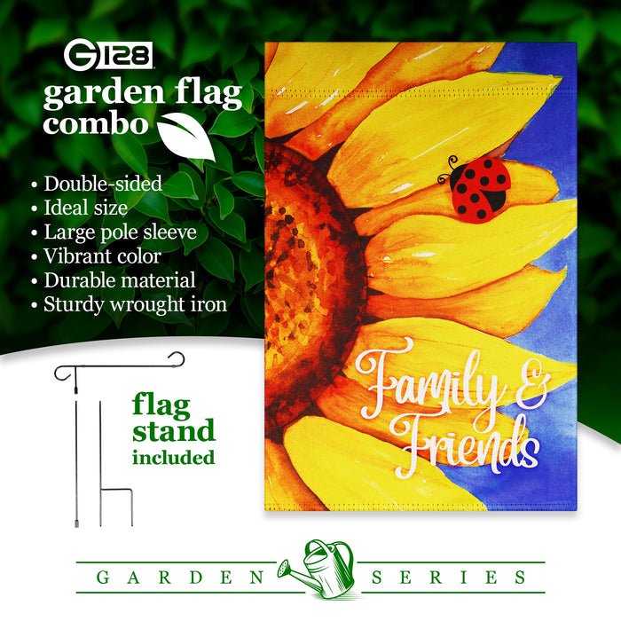 G128 Combo Pack: Garden Flag Stand Black 36 in x 16 in & Garden Flag Summer Decoration Family and Friends Sunflowers 12"x18" Double-Sided Blockout Fabric
