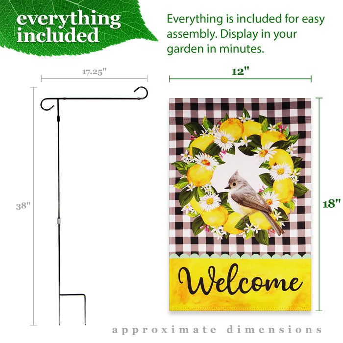G128 Combo Pack: Garden Flag Stand Black 36 in x 16 in & Garden Flag Summer Decoration Welcome Bird with Fruit Wreath 12"x18" Double-Sided Blockout Fabric