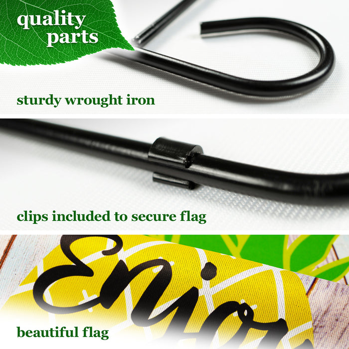 G128 Combo Pack: Garden Flag Stand Black 36 in x 16 in & Garden Flag Summer Decoration Enjoy Summer Pineapple 12"x18" Double-Sided Blockout Fabric
