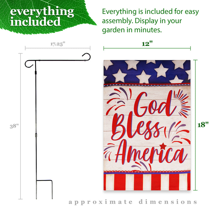 G128 Combo Pack: Garden Flag Stand Black 36 in x 16 in & Garden Flag Patriotic Decoration God Bless America USA Flag Accent 12"x18" Double-Sided Blockout Fabric
