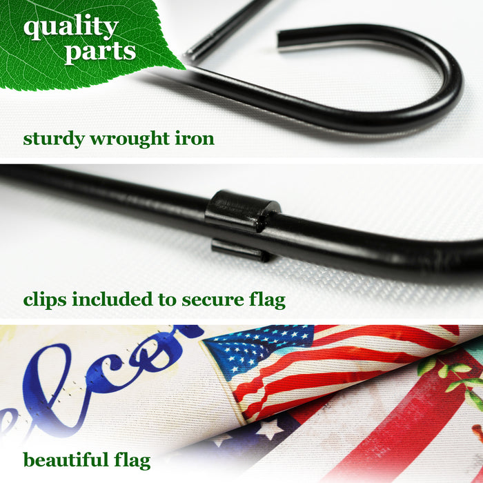 G128 Combo Pack: Garden Flag Stand Black 36 in x 16 in & Garden Flag Patriotic Decoration Welcome USA Flag Flower Pot 12"x18" Double-Sided Blockout Fabric
