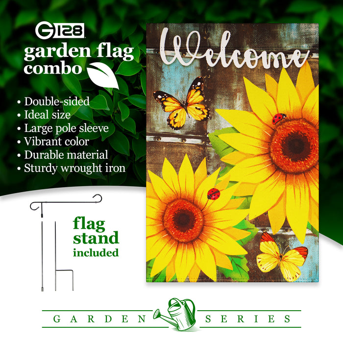 G128 Combo Pack: Garden Flag Stand Black 36 in x 16 in & Garden Flag Summer Decoration Welcome Sunflowers and Butterflies 12"x18" Double-Sided Blockout Fabric