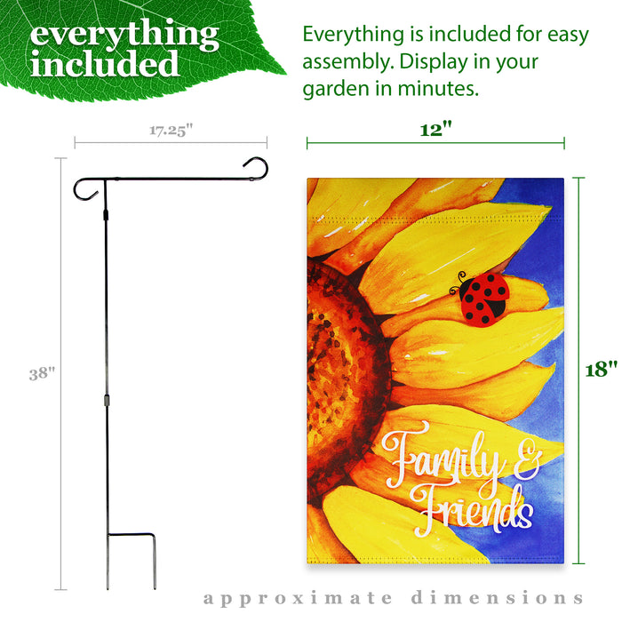 G128 Combo Pack: Garden Flag Stand Black 36 in x 16 in & Garden Flag Summer Decoration Family and Friends Sunflowers 12"x18" Double-Sided Blockout Fabric