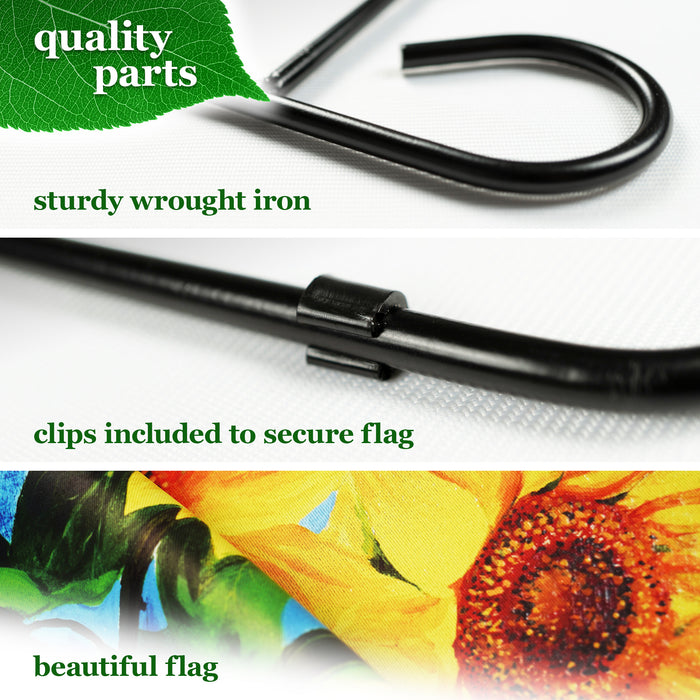 G128 Combo Pack: Garden Flag Stand Black 36 in x 16 in & Garden Flag Summer Decoration Welcome Sunflowers Blue Sky 12"x18" Double-Sided Blockout Fabric