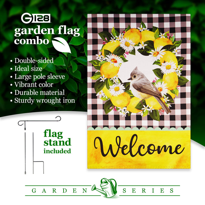 G128 Combo Pack: Garden Flag Stand Black 36 in x 16 in & Garden Flag Summer Decoration Welcome Bird with Fruit Wreath 12"x18" Double-Sided Blockout Fabric