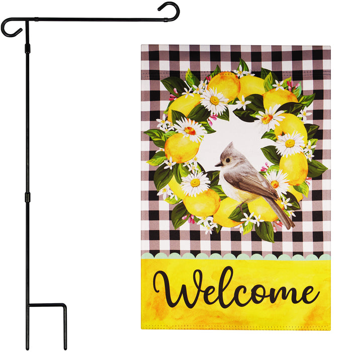 G128 Combo Pack: Garden Flag Stand Black 36 in x 16 in & Garden Flag Summer Decoration Welcome Bird with Fruit Wreath 12"x18" Double-Sided Blockout Fabric