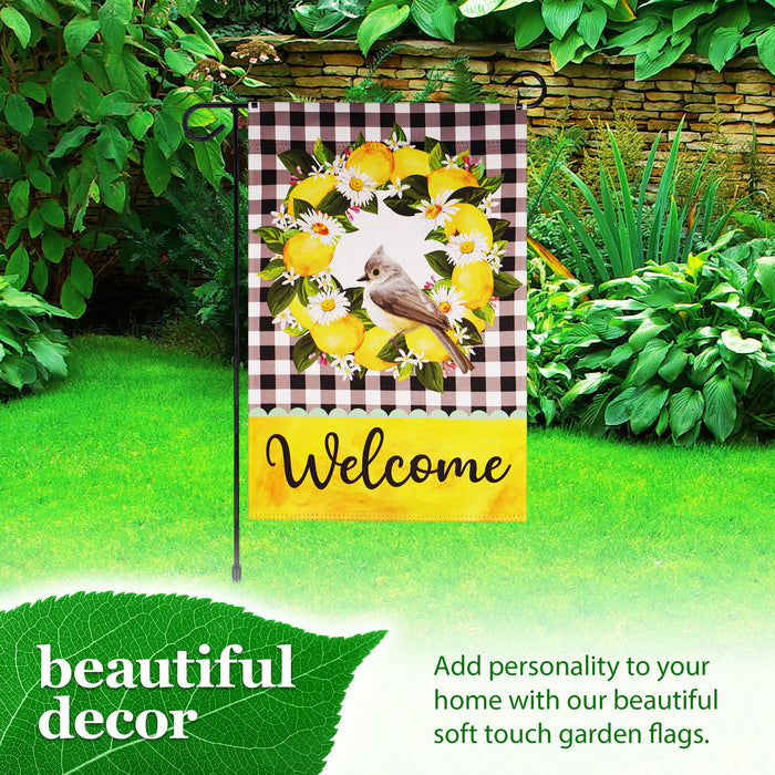 G128 Combo Pack: Garden Flag Stand Black 36 in x 16 in & Garden Flag Summer Decoration Welcome Bird with Fruit Wreath 12"x18" Double-Sided Blockout Fabric