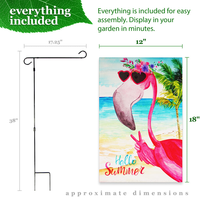 G128 Combo Pack: Garden Flag Stand Black 36 in x 16 in & Garden Flag Summer Decoration Peace Sign Flamingo 12"x18" Double-Sided Blockout Fabric