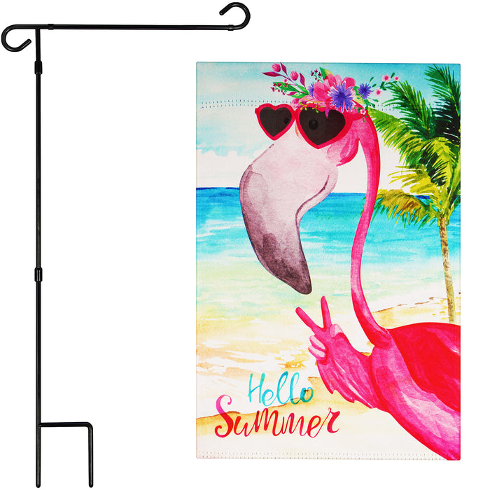 G128 Combo Pack: Garden Flag Stand Black 36 in x 16 in & Garden Flag Summer Decoration Peace Sign Flamingo 12"x18" Double-Sided Blockout Fabric