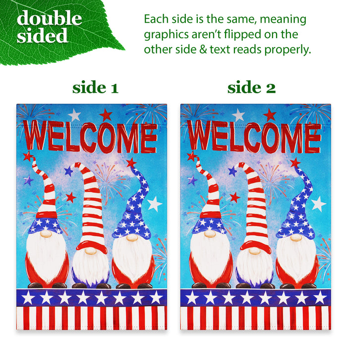 G128 Combo Pack: Garden Flag Stand Black 36 in x 16 in & Garden Flag Patriotic Decoration Welcome 3 Gnomes 12"x18" Double-Sided Blockout Fabric