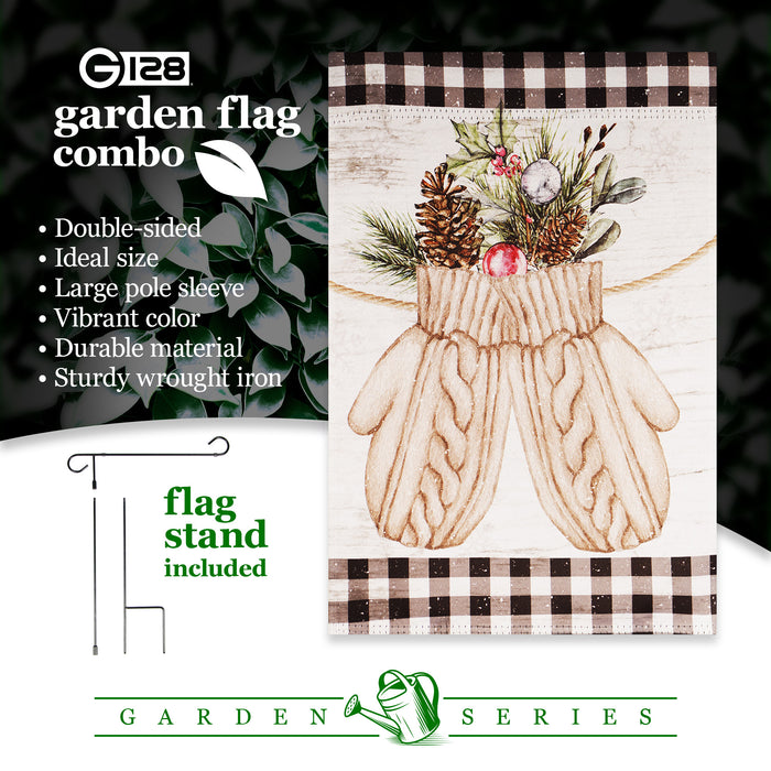 G128 Combo Pack: Garden Flag Stand Black 36 in x 16 in & Garden Flag Winter Decoration Mittens with Evergreen Arrangement 12"x18" Double-Sided Blockout Fabric