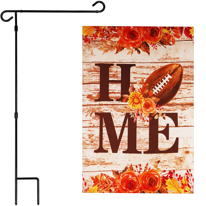 G128 Combo Pack: Garden Flag Stand Black 36 in x 16 in & Garden Flag Everyday Decoration Home Football on Rustic Wood 12"x18" Double-Sided Blockout Fabric