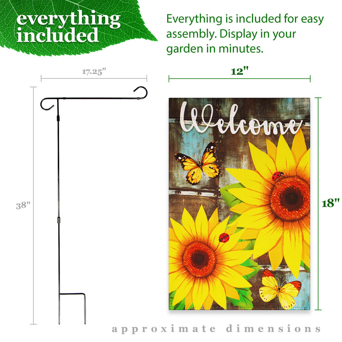 G128 Combo Pack: Garden Flag Stand Black 36 in x 16 in & Garden Flag Summer Decoration Welcome Sunflowers and Butterflies 12"x18" Double-Sided Blockout Fabric