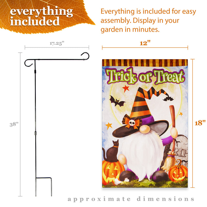 G128 Combo Pack: Garden Flag Stand Black 36 in x 16 in & Garden Flag Halloween Decoration Trick or Treat Witch Hat Gnome with Broom 12"x18" Double-Sided Blockout Fabric