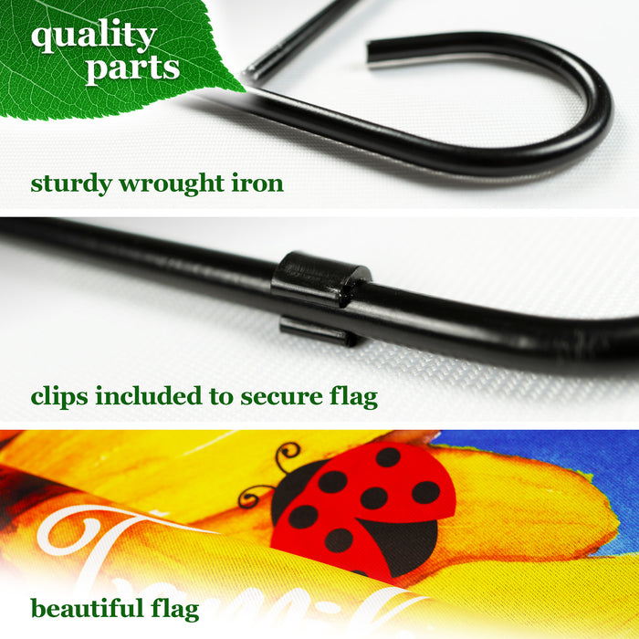 G128 Combo Pack: Garden Flag Stand Black 36 in x 16 in & Garden Flag Summer Decoration Family and Friends Sunflowers 12"x18" Double-Sided Blockout Fabric