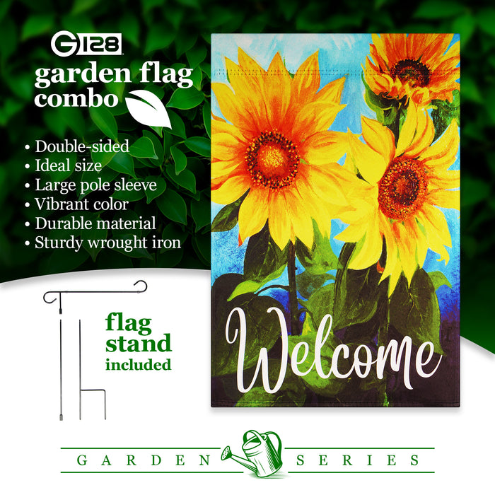 G128 Combo Pack: Garden Flag Stand Black 36 in x 16 in & Garden Flag Summer Decoration Welcome Sunflowers Blue Sky 12"x18" Double-Sided Blockout Fabric