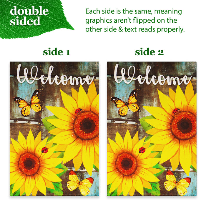 G128 Combo Pack: Garden Flag Stand Black 36 in x 16 in & Garden Flag Summer Decoration Welcome Sunflowers and Butterflies 12"x18" Double-Sided Blockout Fabric