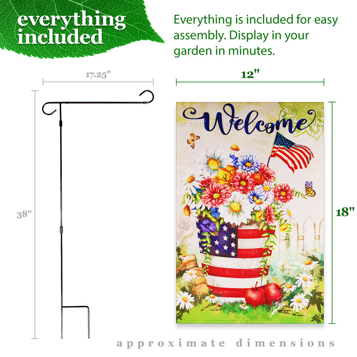 G128 Combo Pack: Garden Flag Stand Black 36 in x 16 in & Garden Flag Patriotic Decoration Welcome USA Flag Flower Pot 12"x18" Double-Sided Blockout Fabric