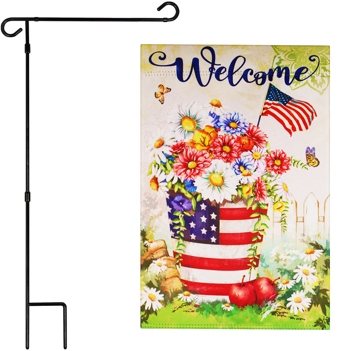 G128 Combo Pack: Garden Flag Stand Black 36 in x 16 in & Garden Flag Patriotic Decoration Welcome USA Flag Flower Pot 12"x18" Double-Sided Blockout Fabric