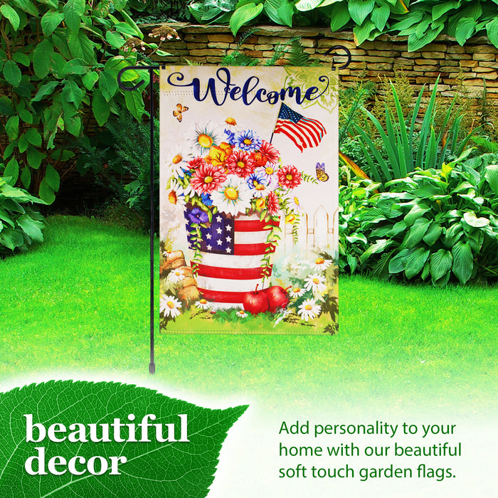 G128 Combo Pack: Garden Flag Stand Black 36 in x 16 in & Garden Flag Patriotic Decoration Welcome USA Flag Flower Pot 12"x18" Double-Sided Blockout Fabric