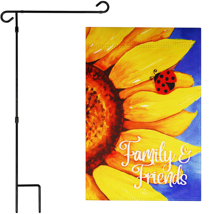 G128 Combo Pack: Garden Flag Stand Black 36 in x 16 in & Garden Flag Summer Decoration Family and Friends Sunflowers 12"x18" Double-Sided Blockout Fabric