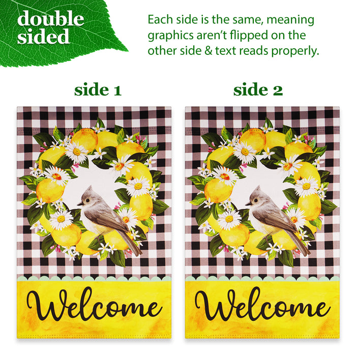 G128 Combo Pack: Garden Flag Stand Black 36 in x 16 in & Garden Flag Summer Decoration Welcome Bird with Fruit Wreath 12"x18" Double-Sided Blockout Fabric