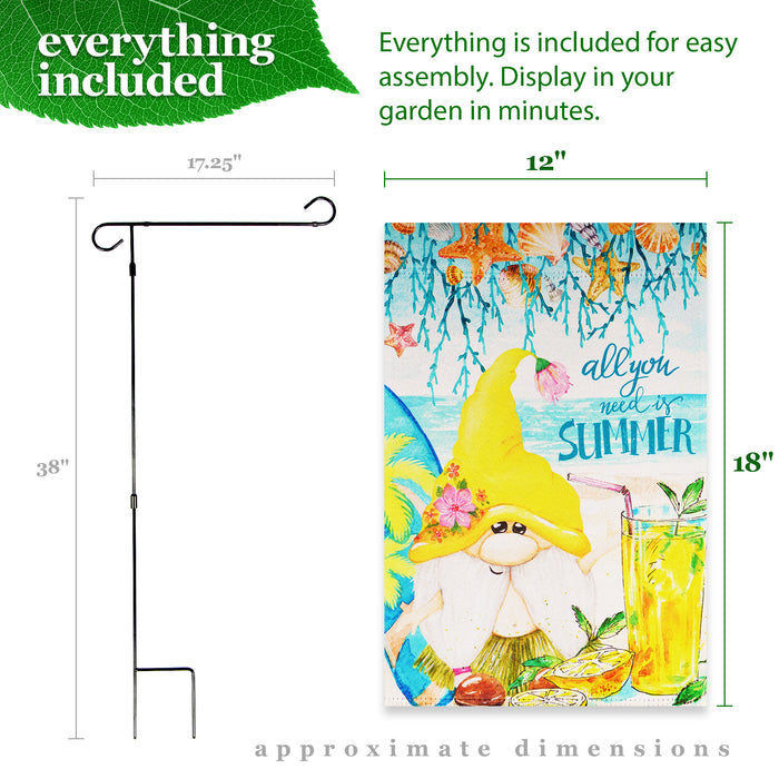 G128 Combo Pack: Garden Flag Stand Black 36 in x 16 in & Garden Flag Summer Decoration All You Need is Summer Gnome 12"x18" Double-Sided Blockout Fabric