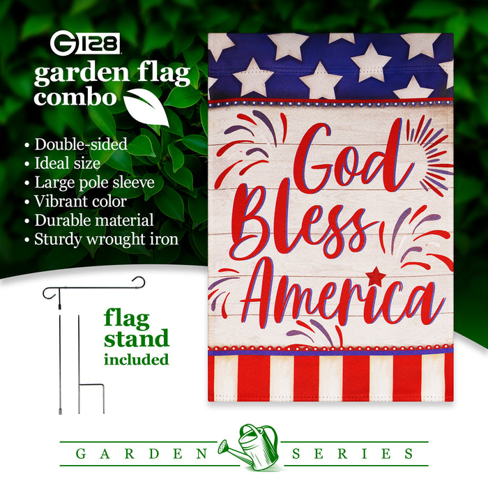 G128 Combo Pack: Garden Flag Stand Black 36 in x 16 in & Garden Flag Patriotic Decoration God Bless America USA Flag Accent 12"x18" Double-Sided Blockout Fabric