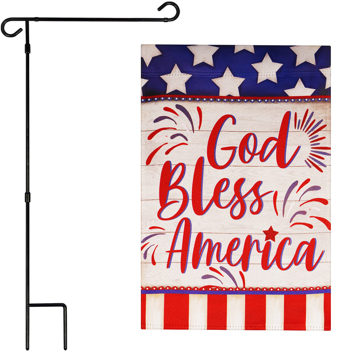 G128 Combo Pack: Garden Flag Stand Black 36 in x 16 in & Garden Flag Patriotic Decoration God Bless America USA Flag Accent 12"x18" Double-Sided Blockout Fabric
