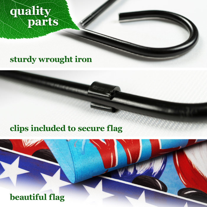 G128 Combo Pack: Garden Flag Stand Black 36 in x 16 in & Garden Flag Patriotic Decoration Welcome 3 Gnomes 12"x18" Double-Sided Blockout Fabric
