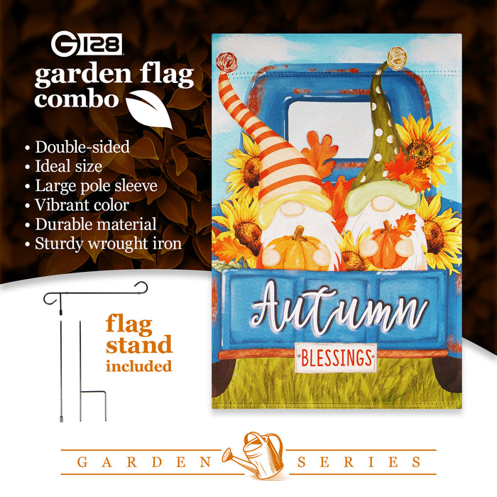 G128 Combo Pack: Garden Flag Stand Black 36 in x 16 in & Garden Flag Fall Decoration Autumn Blessings Gnomes with Pumpkins 12"x18" Double-Sided Blockout Fabric